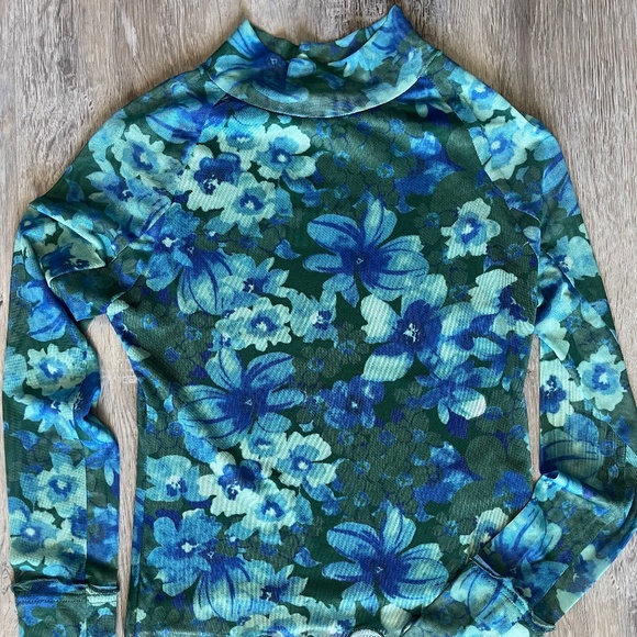 Floral Mesh Lettuce Hem Midi Neck Turtleneck Blouse - Picture 1 of 9